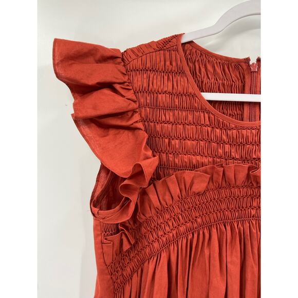 SEA New York Gladys Hand Smocked Rust Flutter Sleeve Cotton Tunic Mini Dress - Picture 4 of 8